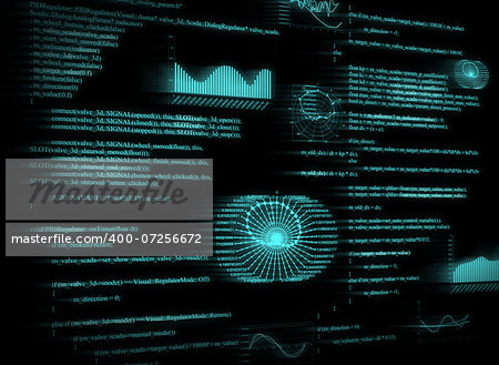 Glowing graphics and text on a dark background. Business concept