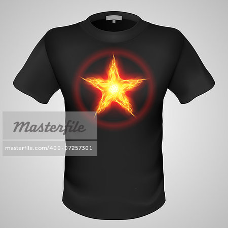 Black male t-shirt with fiery star print on grey background.