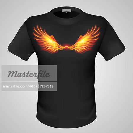 Black male t-shirt with fiery wings print on grey background.