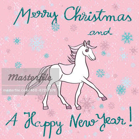 Christmas and New Year's greetings card with horse cartoon over a grungy background with dots and snowflakes