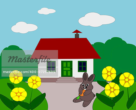 A rabbit eating a carrot     in front of a house in a     garden.