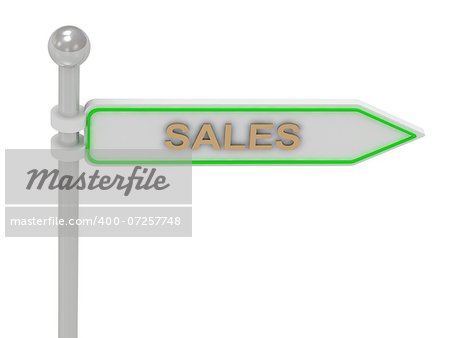 3d rendering of sign with gold "SALES", Isolated on white background