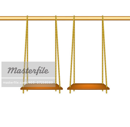 Wooden swings hanging on ropes on white background
