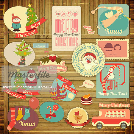 Retro Merry Christmas Label Set with Santa Claus and Christmas Items on Wooden Grunge Background. Vector illustration.