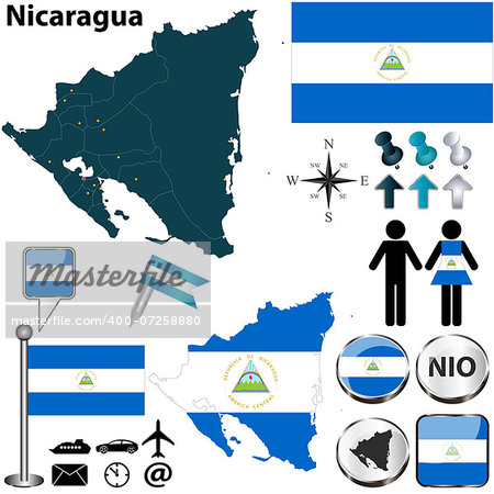 Vector of Nicaragua set with detailed country shape with region borders, flags and icons