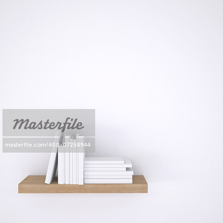 Wooden shelf with books on white wall background. 3d render