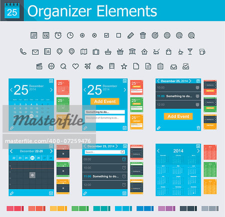 Set of the simple personal organizer interface icons and elements
