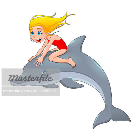 Girl and the dolphin. Cartoon vector illustration, isolated objects