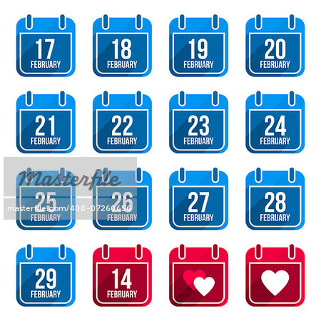 February vector flat calendar icons with long shadow. Calendar Days Of Year Set 10