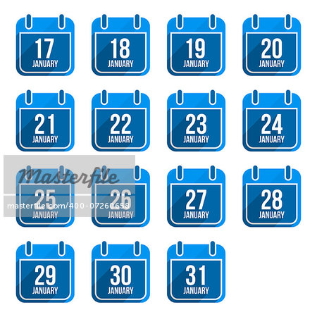 January vector flat calendar icons with long shadow. Calendar Days Of Year Set 8