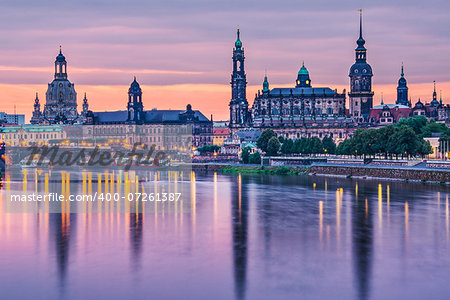 Dresden, Germany above the Elbe River at dawn.