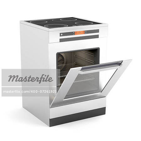 Modern electric stove with opened door on white background