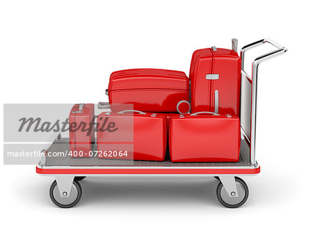 Airport luggage cart with red suitcases on white background