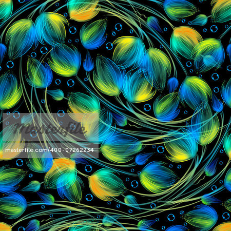 Seamless floral background with bright neon saturated colors. Blue and yellow colors.