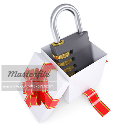 Combination lock in a gift box. 3d render isolated on white background