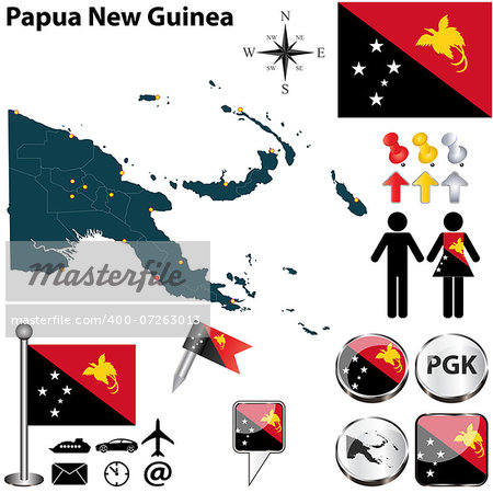 Vector of Papua New Guinea set with detailed country shape with region borders, flags and icons