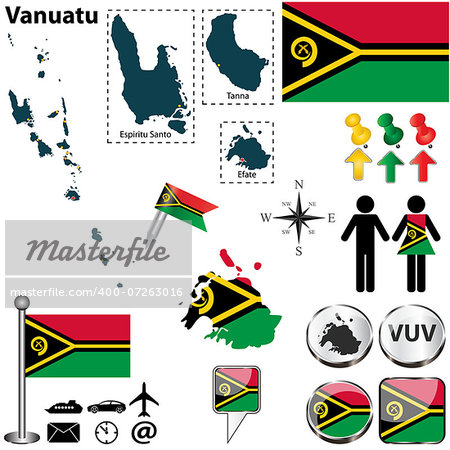 Vector of Vanuatu set with detailed country shape with region borders, flags and icons