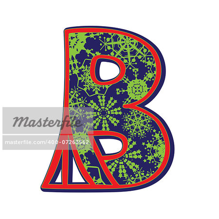 Hand drawn illustration of the B capital letter with a green winter snowflakes ornamentation on dark blue, one element isolated on white
