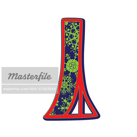 Hand drawn illustration of the I capital letter with a green winter snowflakes ornamentation on dark blue, one element isolated on white