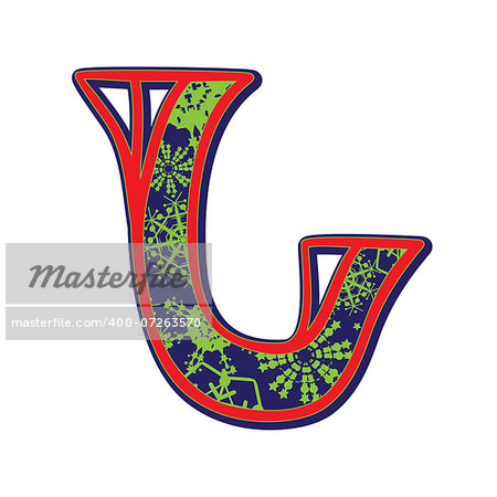 Hand drawn illustration of the J capital letter with a green winter snowflakes ornamentation on dark blue, one element isolated on white