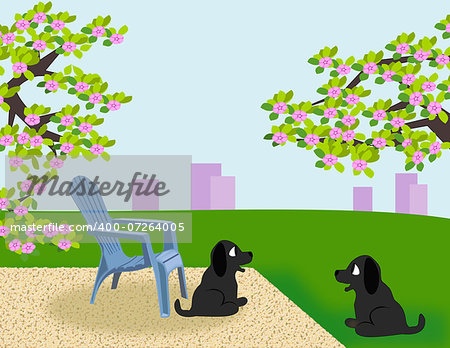 Two little puppies playing in a garden   with flowering trees and some tall buildings   in the background.