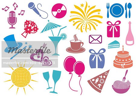 Colorful party and celebration icon vector silhouette collection