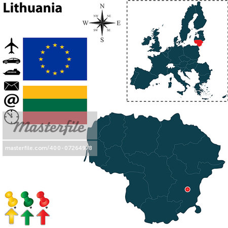 Vector set of Lithuania country shape with flags, icons isolated and European Union