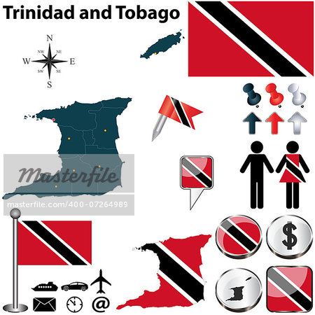 Vector of Trinidad and Tobago set with detailed country shape with region borders, flags and icons