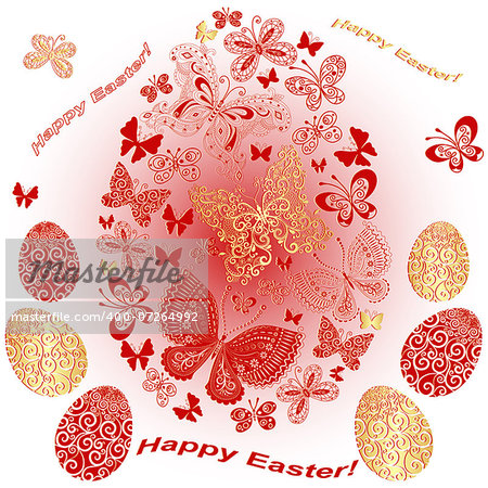 Easter greeting red-gold card with eggs and butterflies (vector)