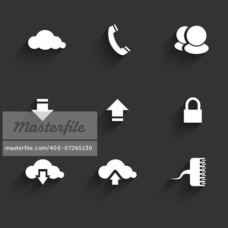 Modern communication signs and icons in Flat Design with shadows on dark gray. Vector illustration