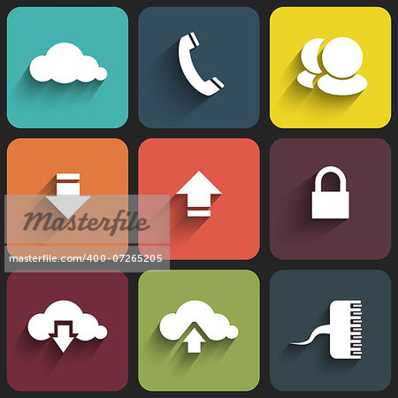 Modern communication signs and icons in Flat Design with shadows on color plates. Vector illustration