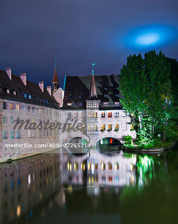 Nuremberg, Germany at the historic Hospital of the Holy Spirit on the Pegnitz River.