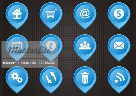 Set of blue map pointers with web icons