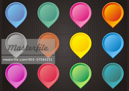 Set of colorful map pointers on black background