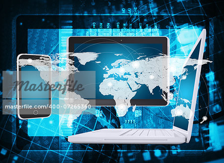 Laptop, tablet pc and smartphone. Abstract background: microcircuit and world map. Computer technology concept