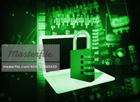 Laptop and code lock on abstract background. The concept of electronic security