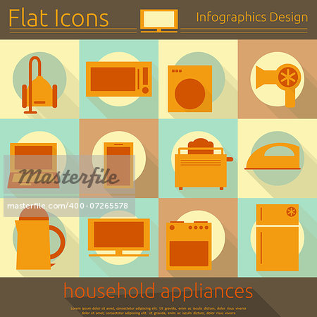 Flat Icons Set - Home Appliances in Retro Style - Infographics Design. Vector Illustrations