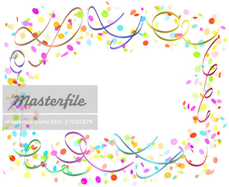 color confetti and ribbons on white background