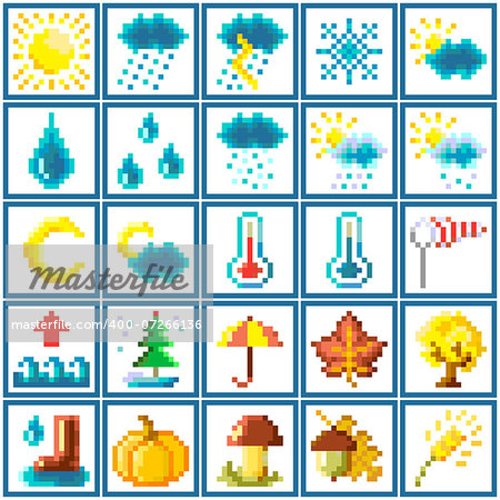 Set of pixel icons: weather and autumn