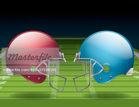 An illustration of an American Football field and helmets. Vector EPS 10 file available. EPS file contains transparencies. Gradient mesh only used in the shadows below the helmets on the field.