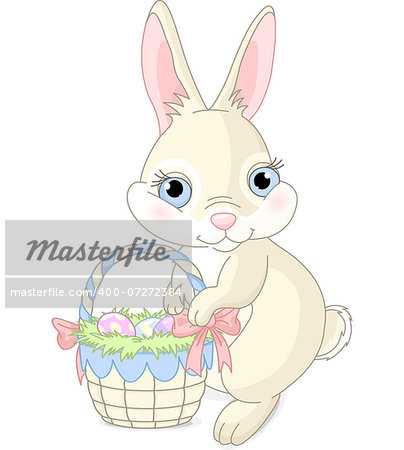 Easter bunny sitting near Easter eggs basket.