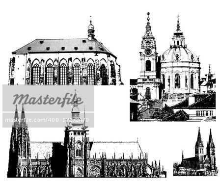 Vector illustration of the landmarks of Prague - Prague castle, Vysehrad, Church of Saint Nicolas and Church of the Virgin Mary of Snow. This file is vector, can be scaled to any size without loss of quality.