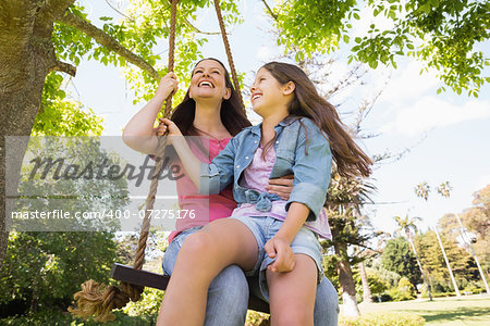 Low angle view of a happy mother and daughter on swing in playground