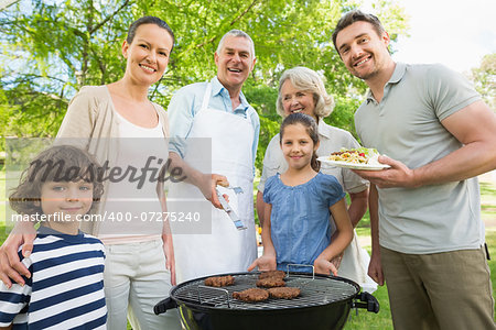 Portrait of an extended family standing at barbecuing in the park