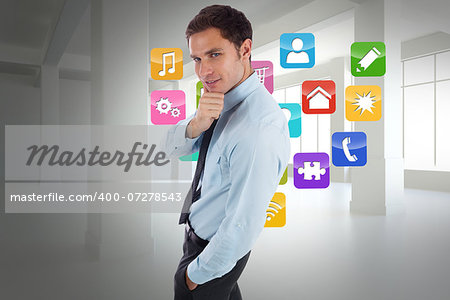 Thoughtful businessman with hand on chin against book steps leading to door against sky