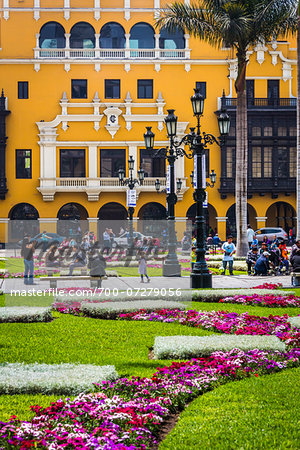 People in public garden at Plaza de Armas, Lima, Peru