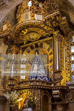 Close-up of altar with statue of Virgin Mary at Cathedral of Santo Domingo, Cusco, Peru