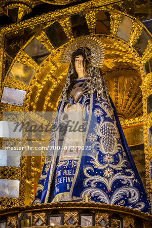 Close-up of altar with statue of Virgin Mary at Cathedral of Santo Domingo, Cusco, Peru