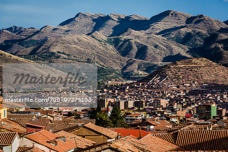 Scenic view of mountains and rooftops of homes, Cusco, Peru