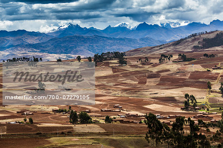 Scenic overview of farms and mountains near Chinchero, Sacred Valley of the Incas, Peru